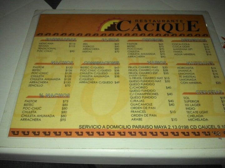 Carta del restaurante Cacique, Merida, Prolongación Paseo del Montejo 34