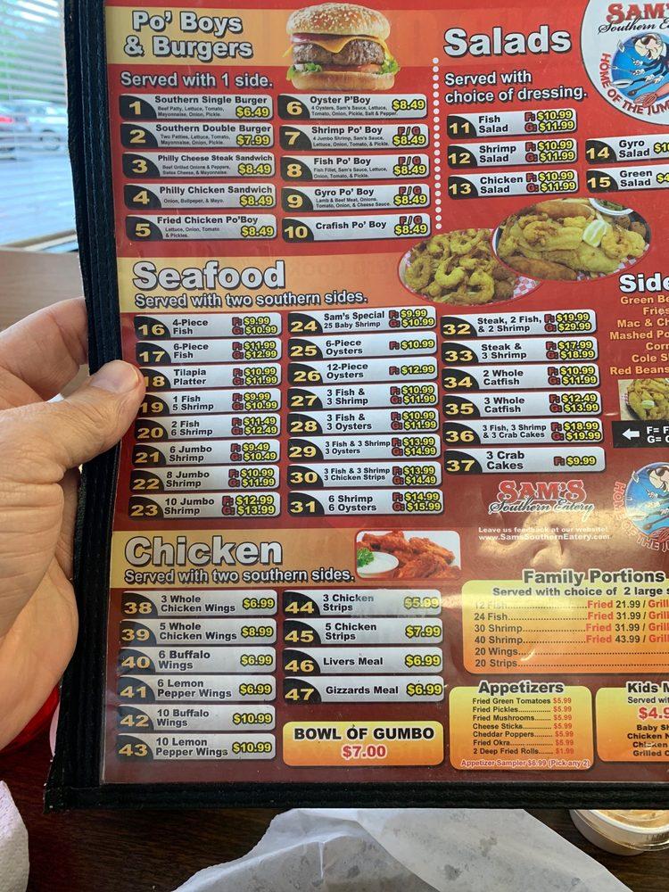 Menu at Sam's Southern Eatery restaurant, Evansville, 420 S Green River