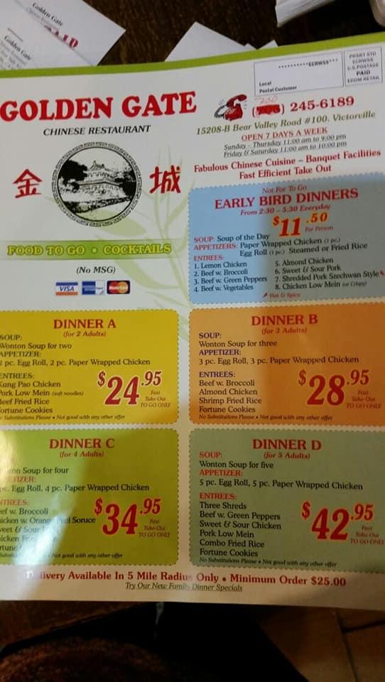 Menu at Golden Gate Chinese Restaurant, Victorville