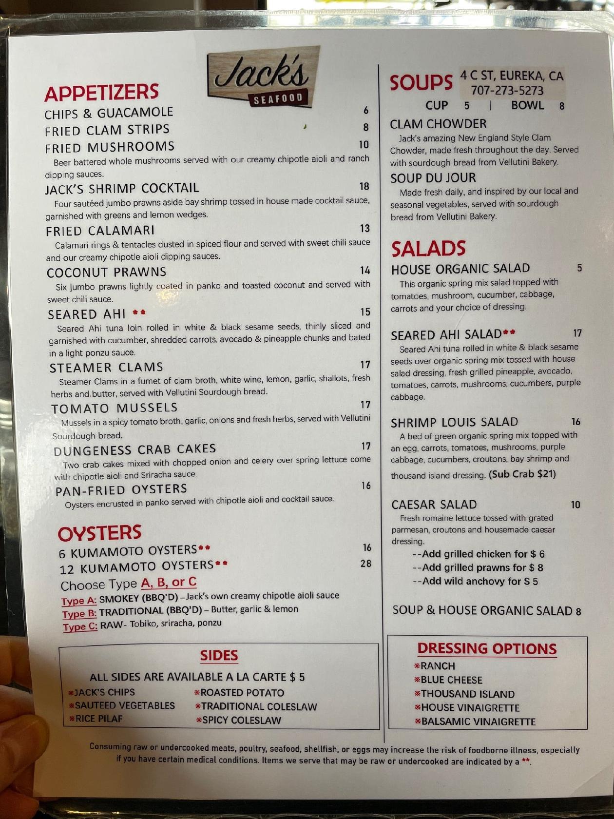 Carta del restaurante Jack's Seafood, Eureka