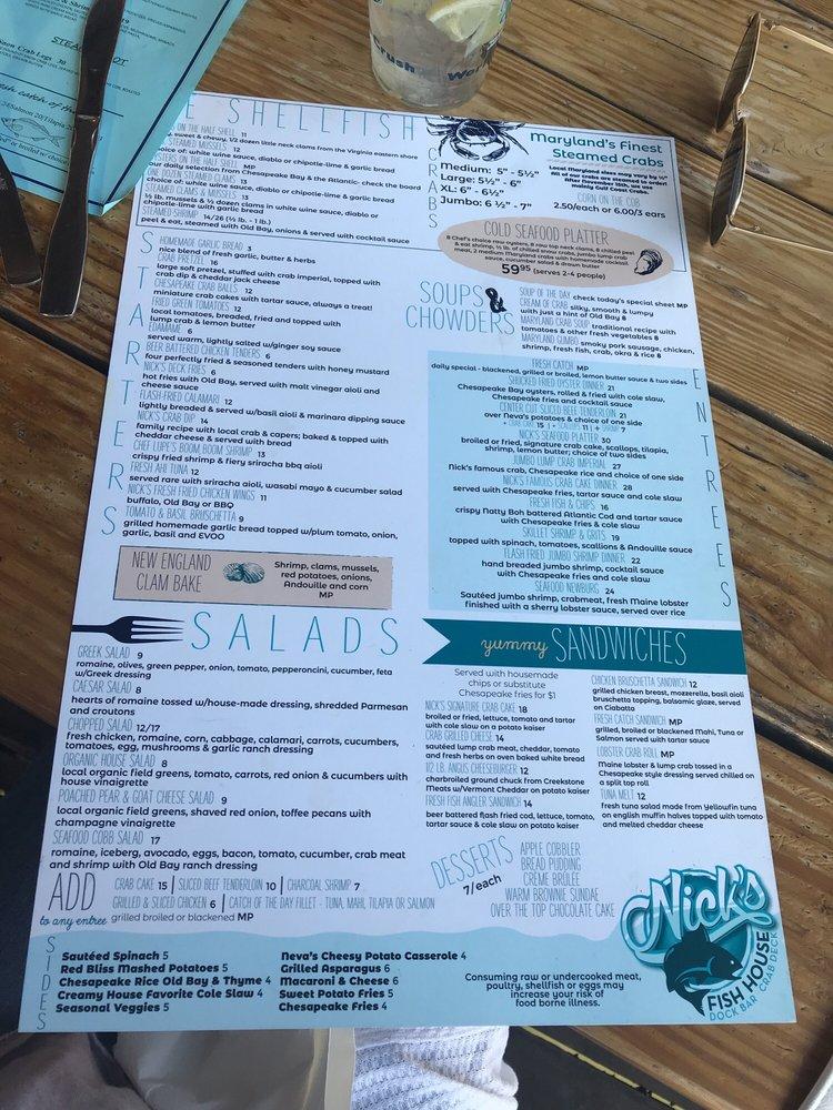 Menu at Nick's Fish House restaurant, Baltimore