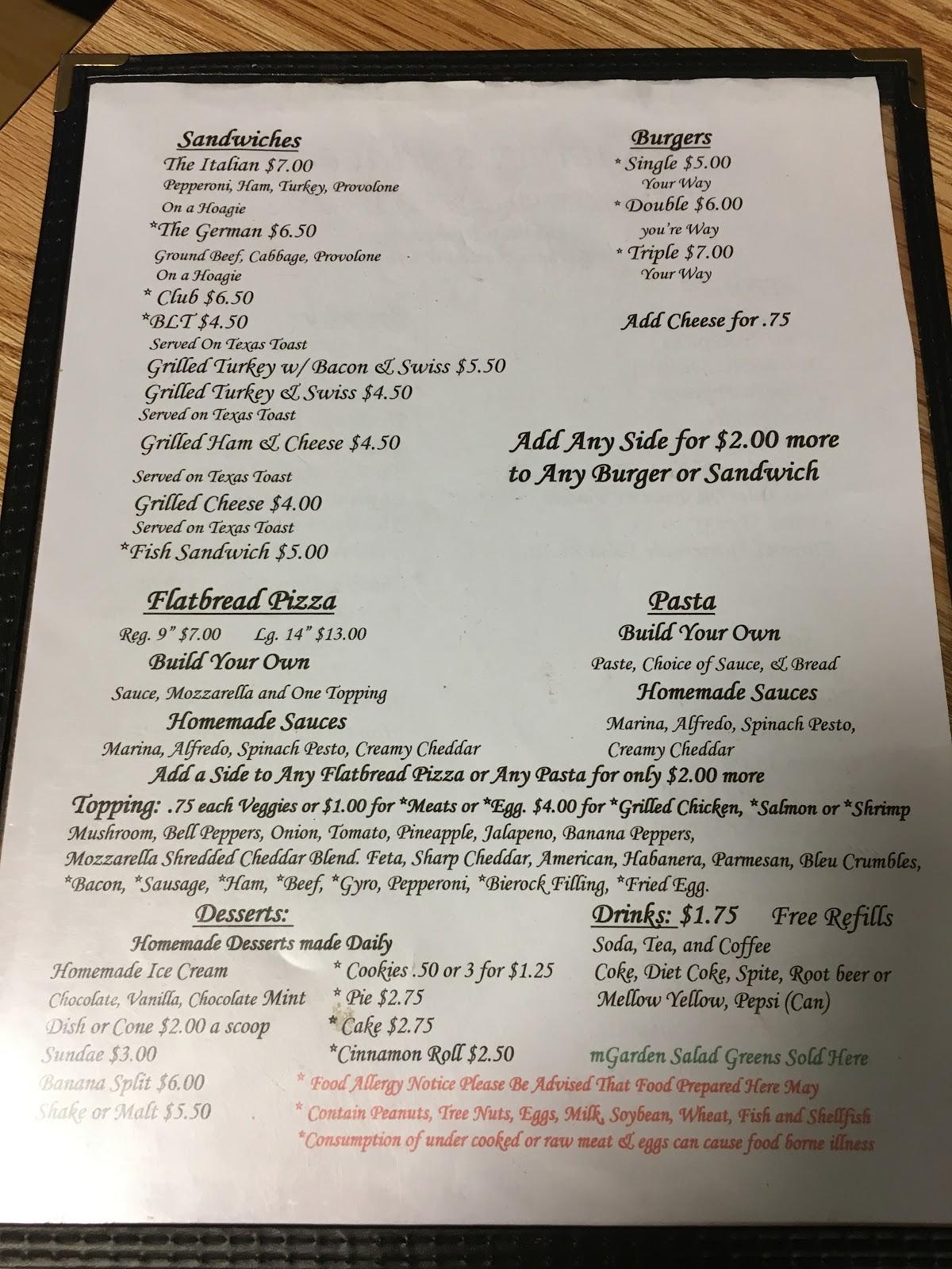 Menu at Kimmy's Place restaurant, Gorham