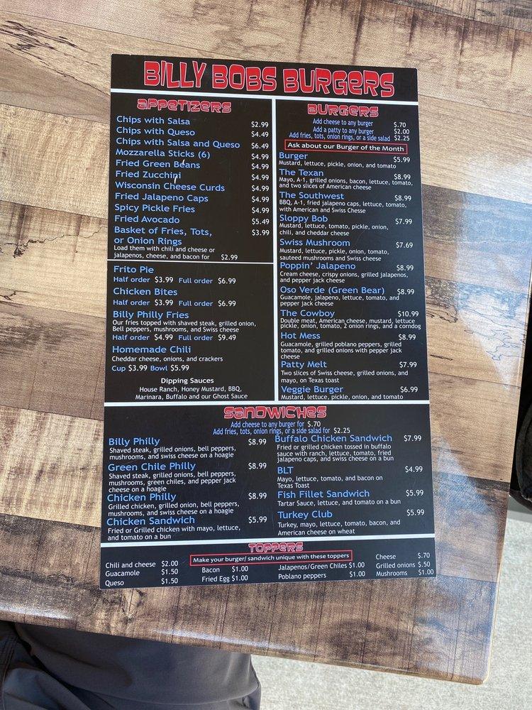 Carta de Billy Bob's Burgers Bar & Grill, Waco