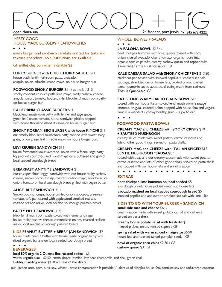 Menu at Fogwood + Fig restaurant, Port Jervis