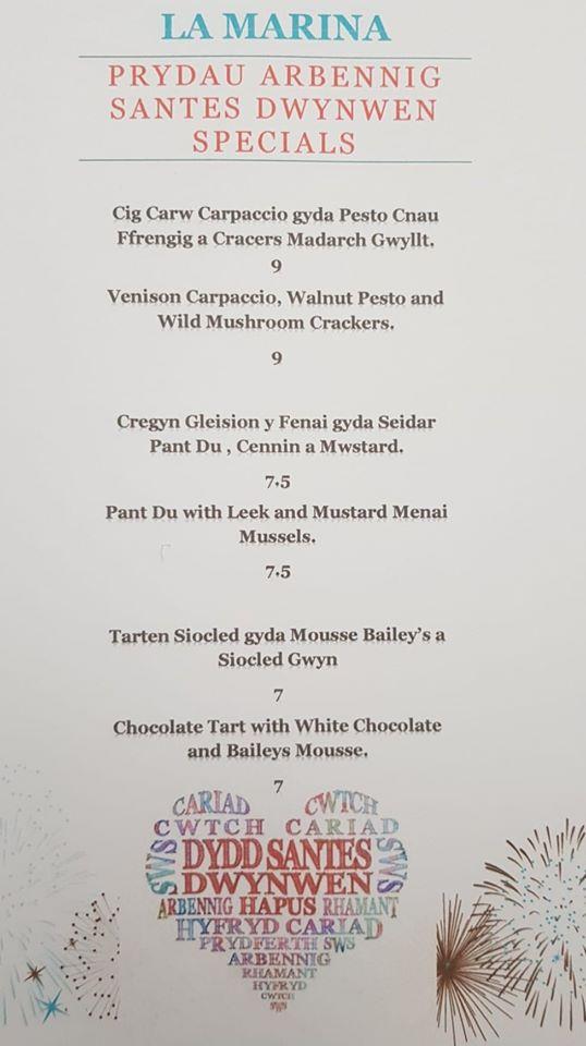 Menu at La Marina restaurant, Y Felinheli