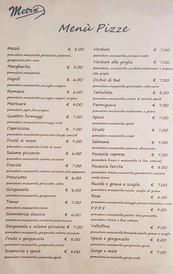 Menu di Pizzeria Ristorante Metro' 