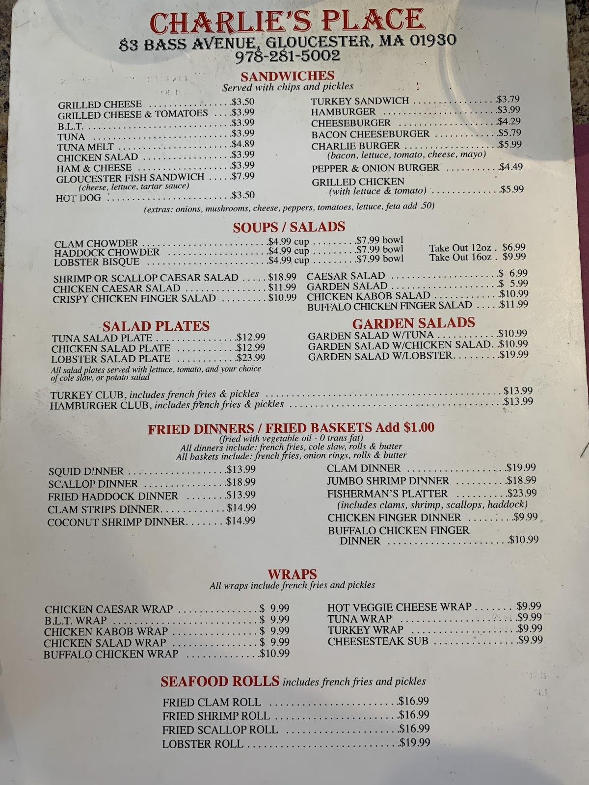 Menu At Charlie S Place Restaurant Gloucester