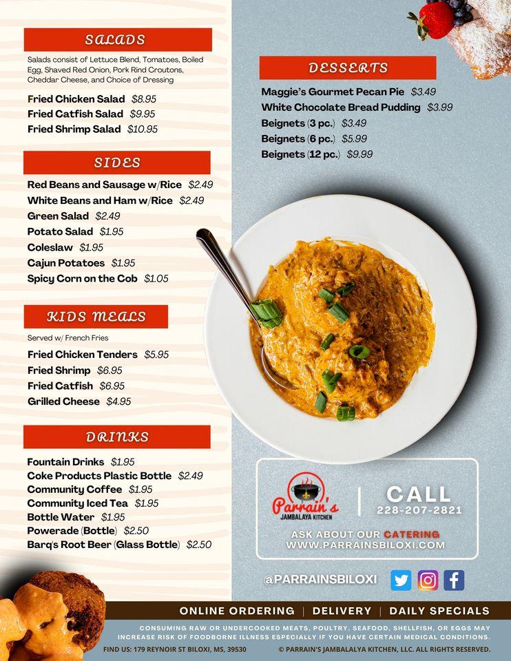 Menu at Parrain's Jambalaya Kitchen restaurant, Biloxi