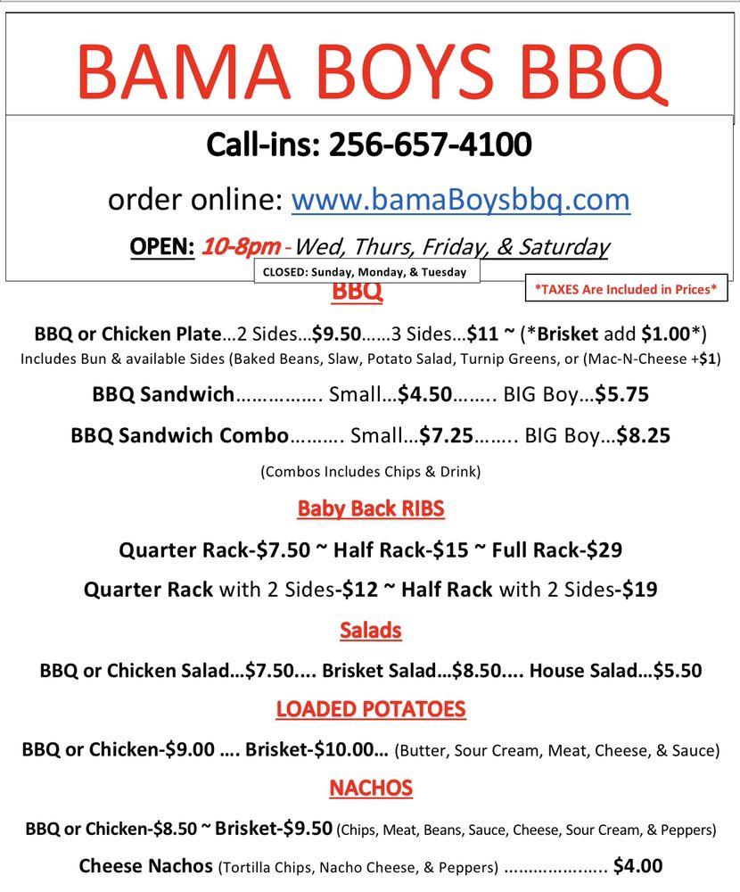 Menu at Bama Boys BBQ, Henagar