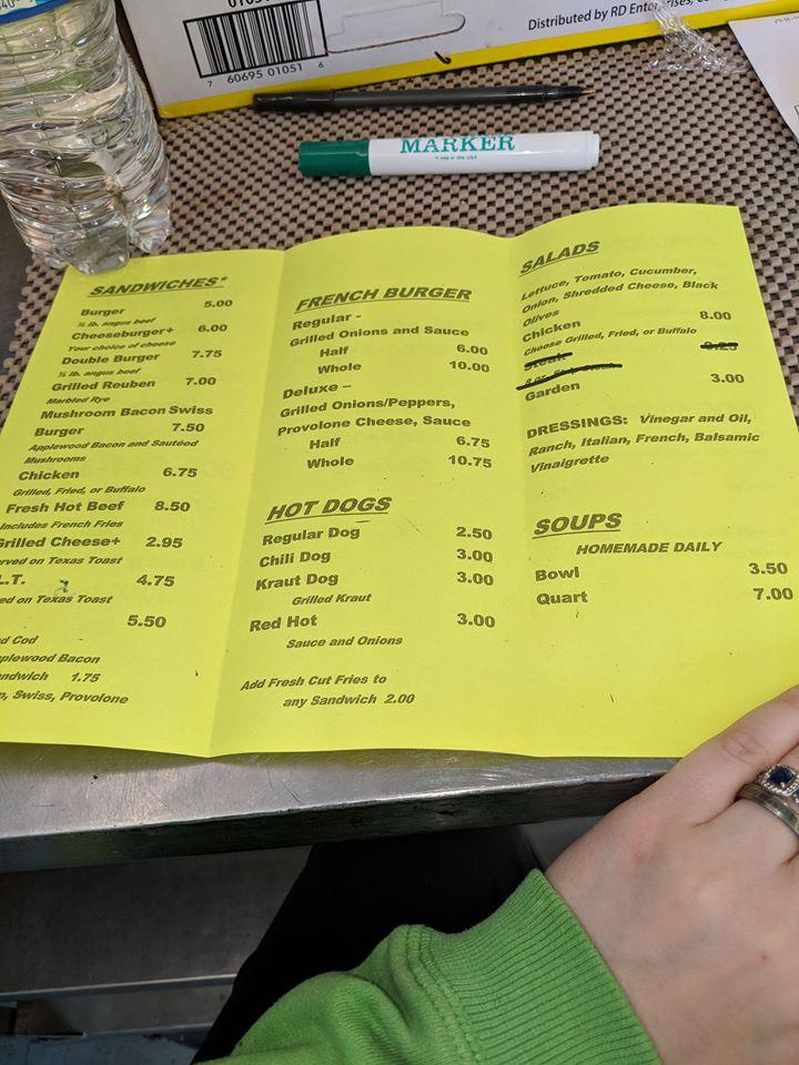Menu at Nana's Lunchbox restaurant, Weirton, county road
