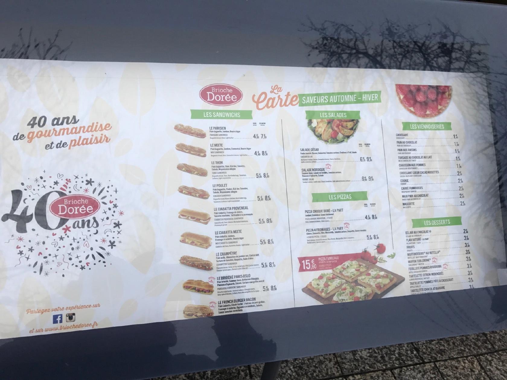 Menu at Brioche Dorée fast food, Paris, 144 Av. des ChampsÉlysées