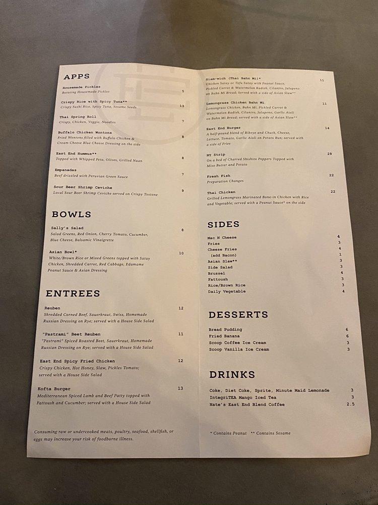 Carta del restaurante East End Tap and Table, Lexington