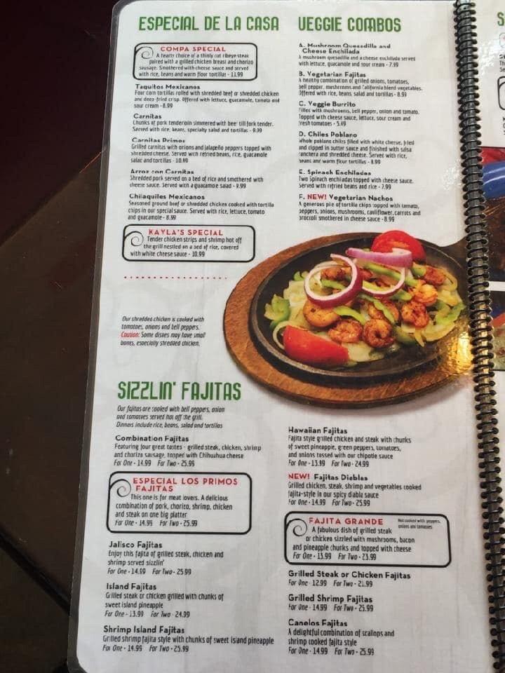 Menu at Los Primos Mexican restaurant, Hidden Valley