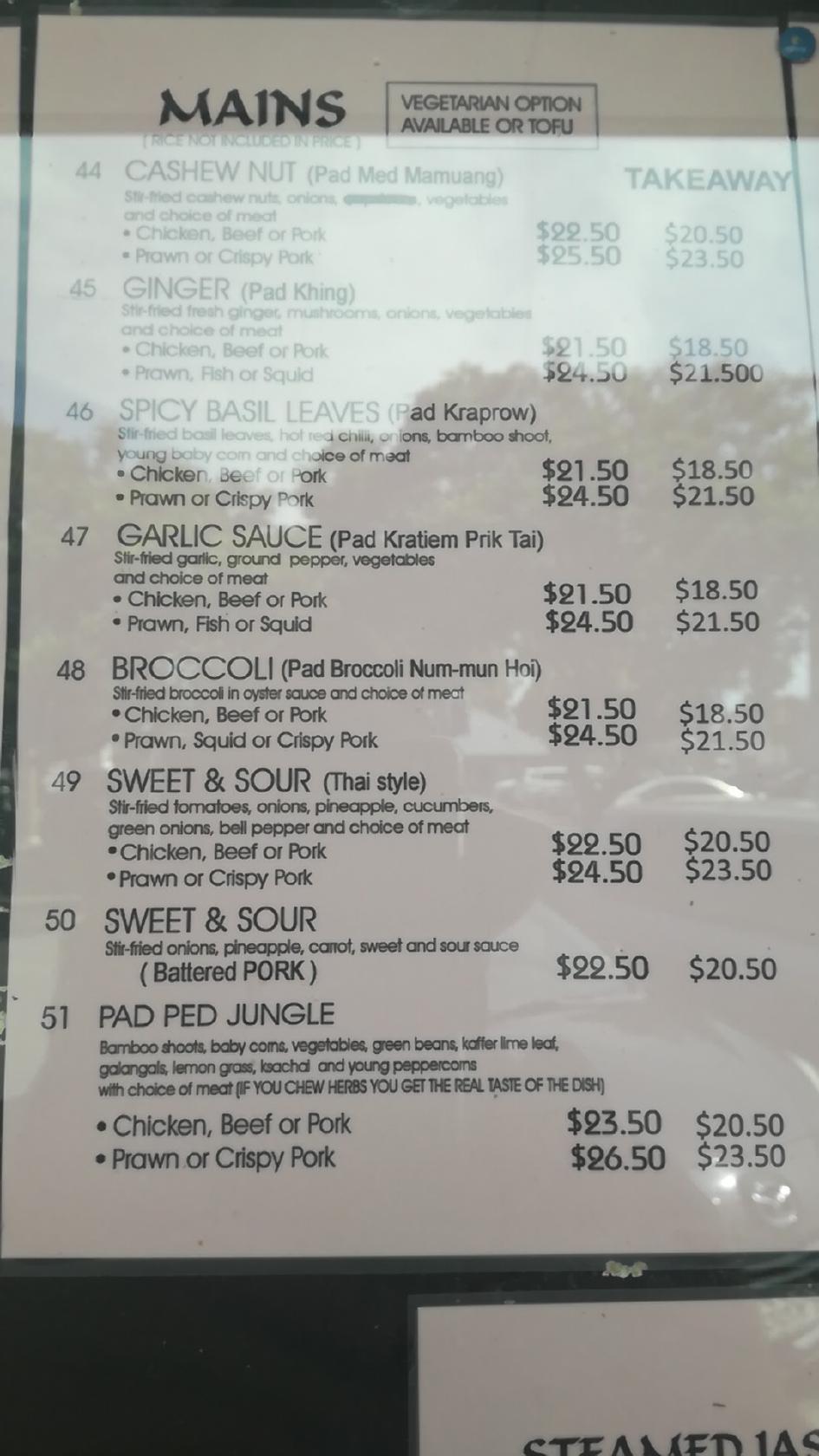 Menu at Bangkok House restaurant, Napier, 205 Dickens St