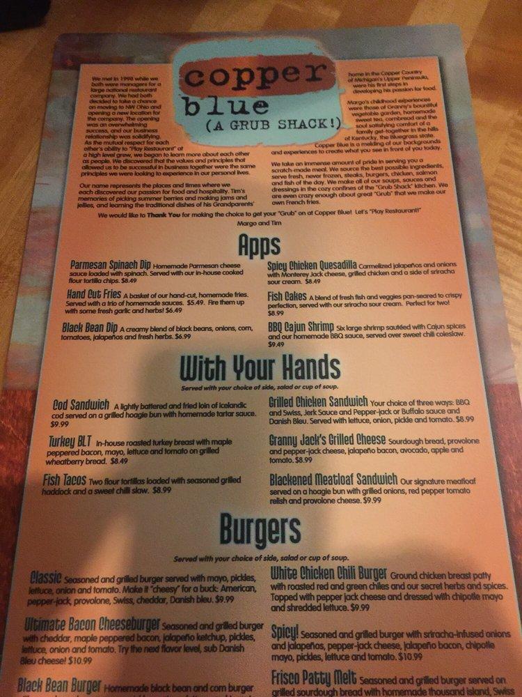 Menu at Copper Blue restaurant, Milford