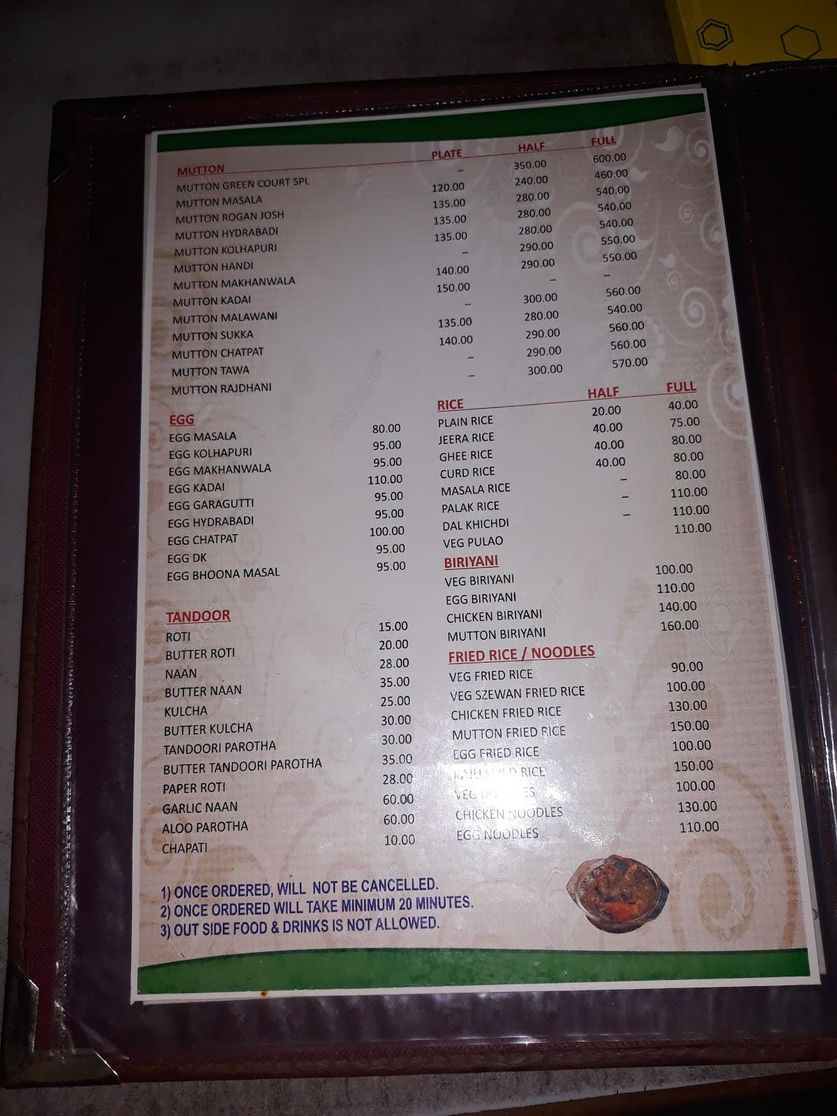 Menu at Green Court Hotel, Gokak