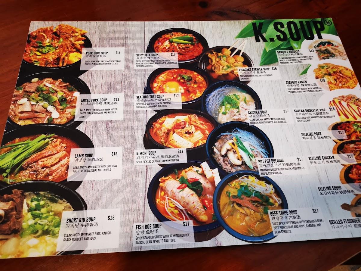 Menu at K.Soup restaurant, Auckland