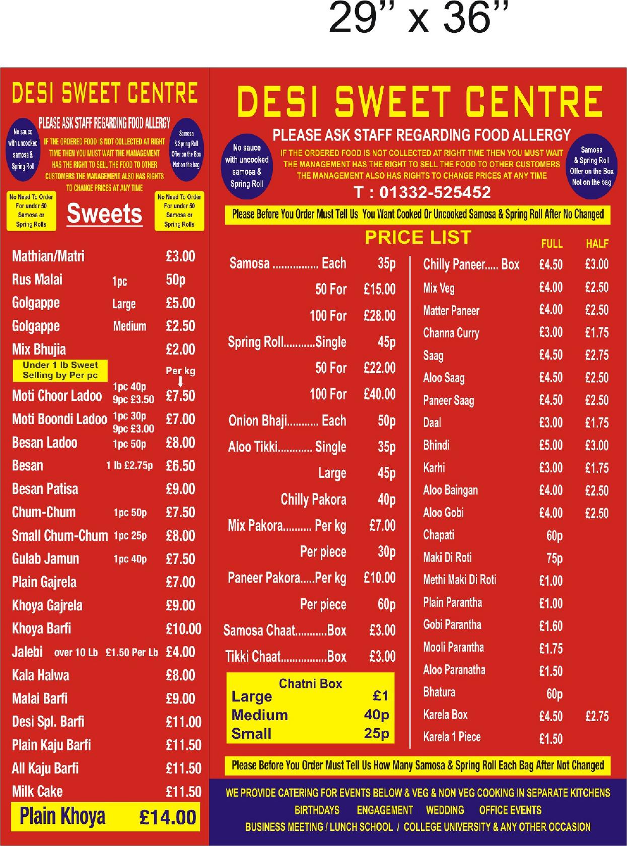 Menu at Desi Sweet Centre restaurant, Derby