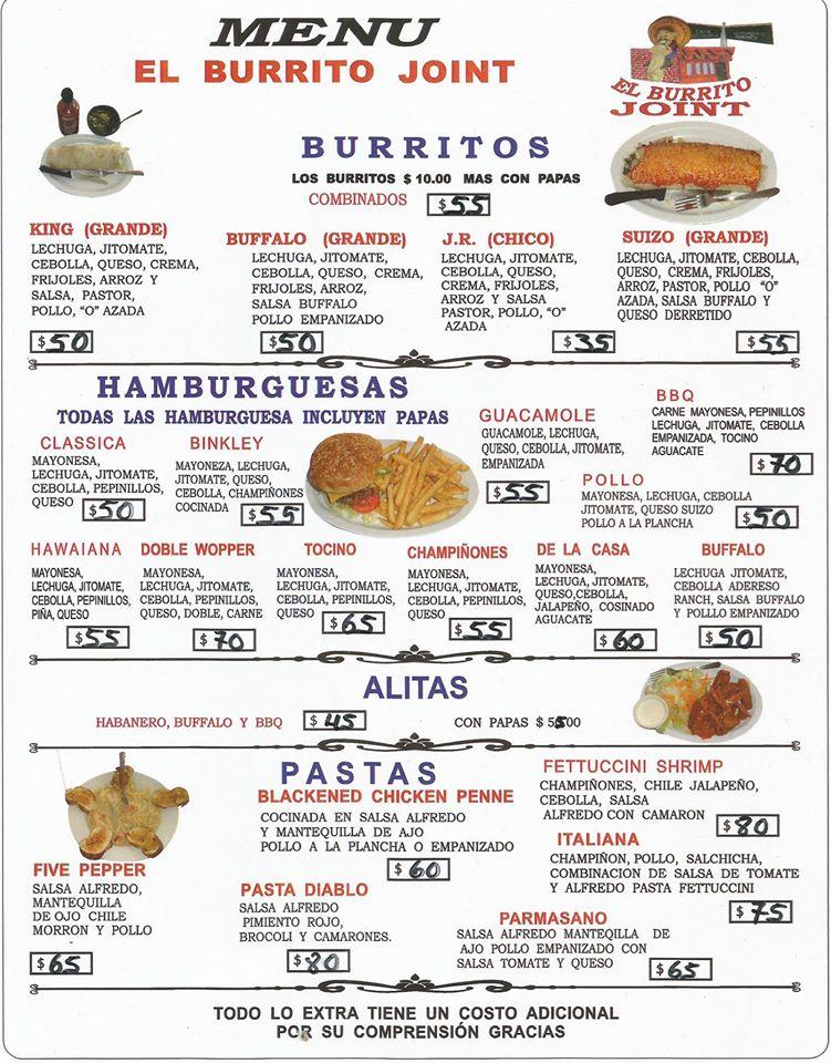 Menu at Burrito Joint pizzeria, San José Iturbide