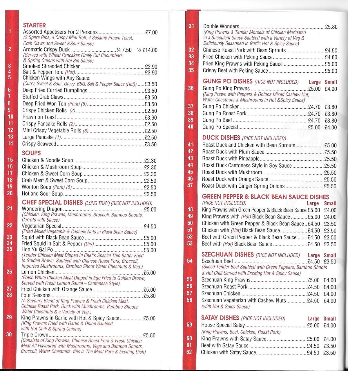 Menu at Golden Dragon restaurant, Chesterfield, 94 Middlecroft Rd