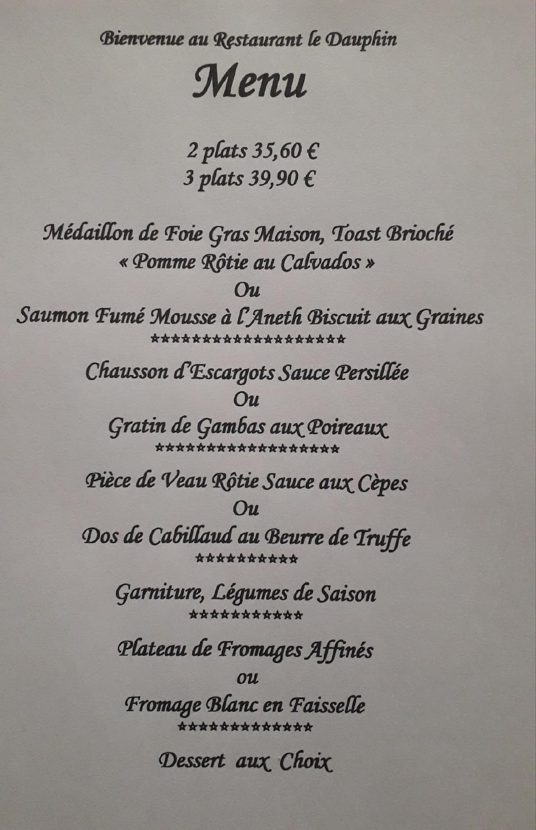 Menu au Restaurant Le Dauphin, SaintGenestLerpt