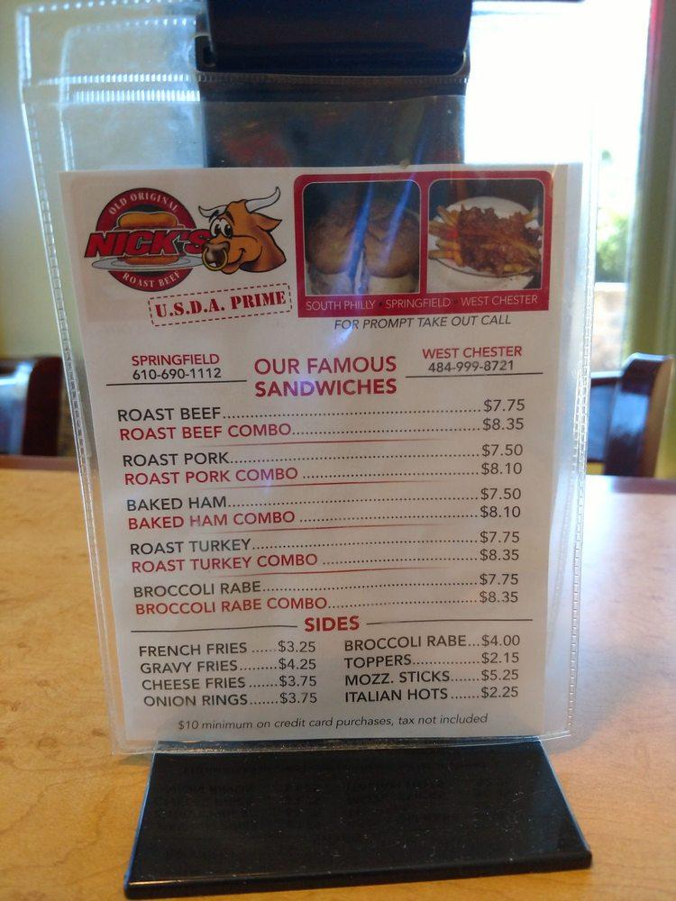 Menu at Old Original Nick's Roast Beef pub & bar, West Chester