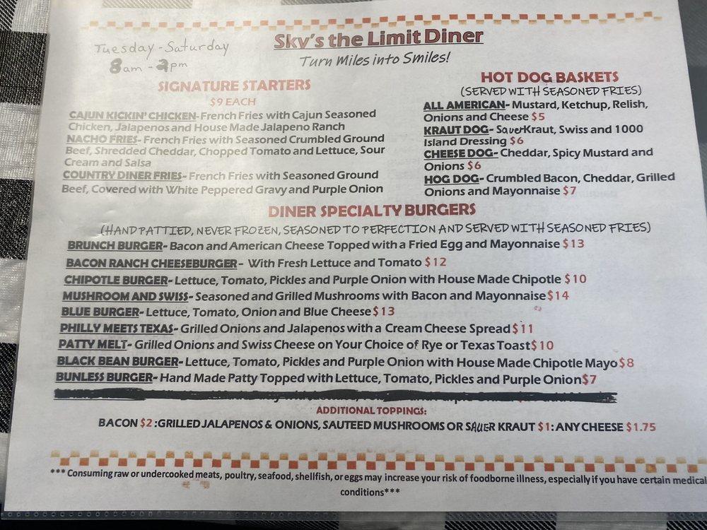 Menu at Sky's The Limit Diner restaurant, Tyler