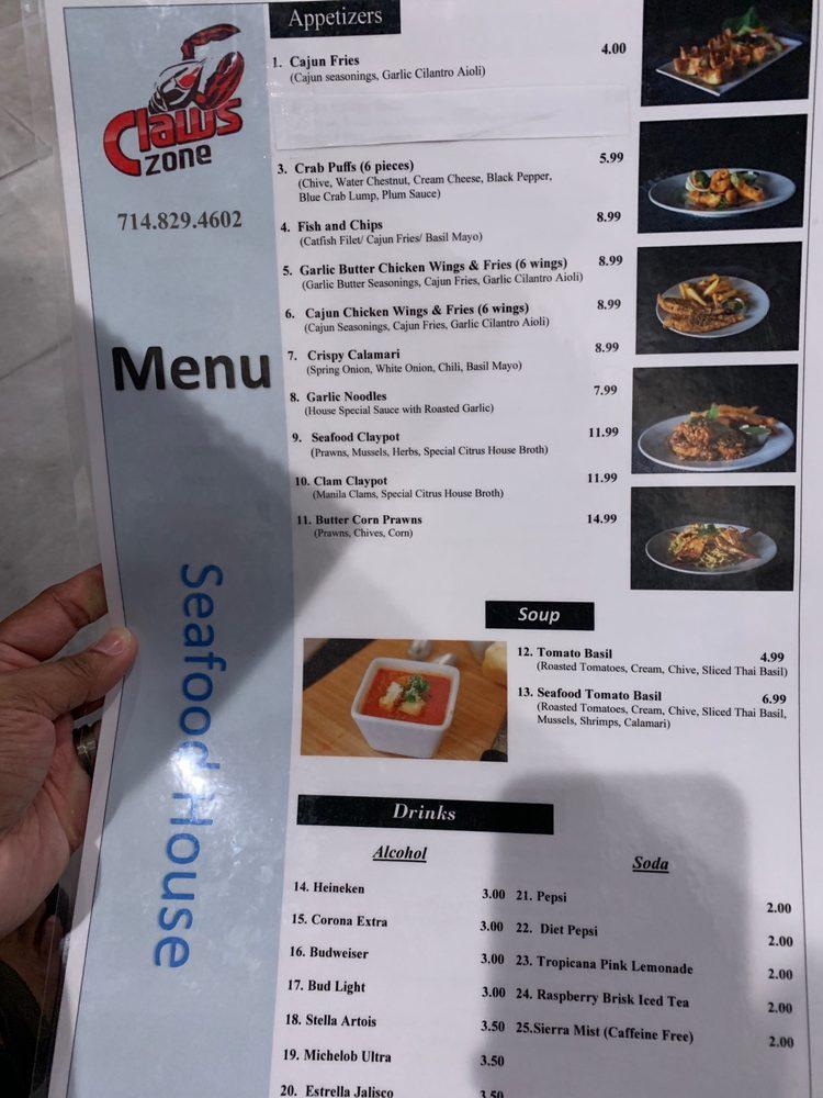 Menu at Claws Zone Anaheim restaurant, Anaheim