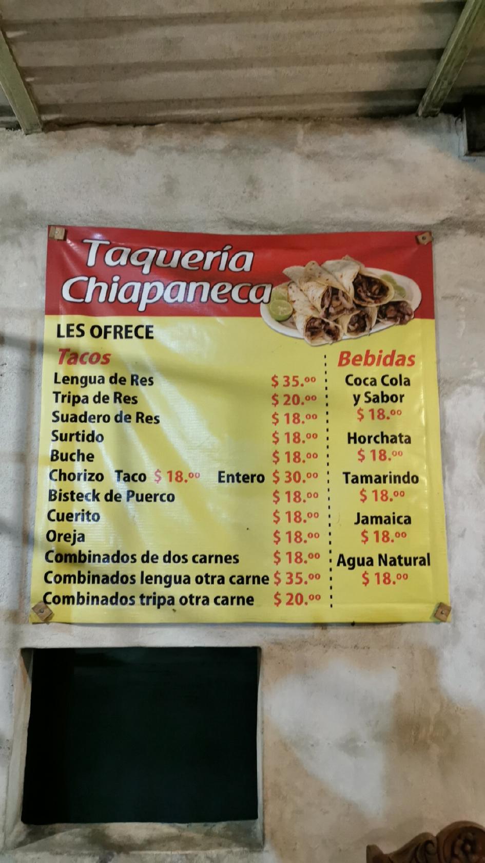 Menu at Taqueria Chiapaneca restaurant, San Miguel de Cozumel