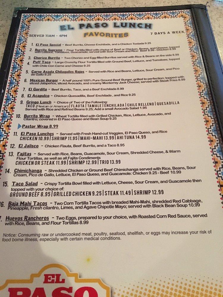 Menu at El Paso restaurant, Crowley