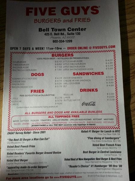 Menu At Five Guys Fast Food Phoenix E Bell Rd Suite