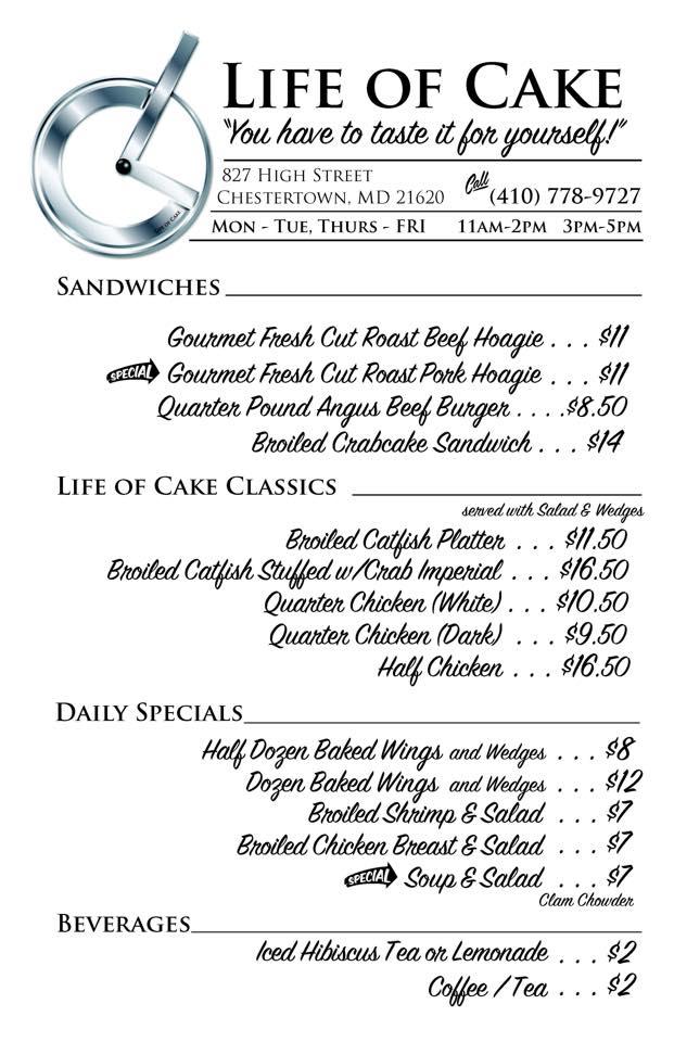 Menu at Life of Cake, Chestertown