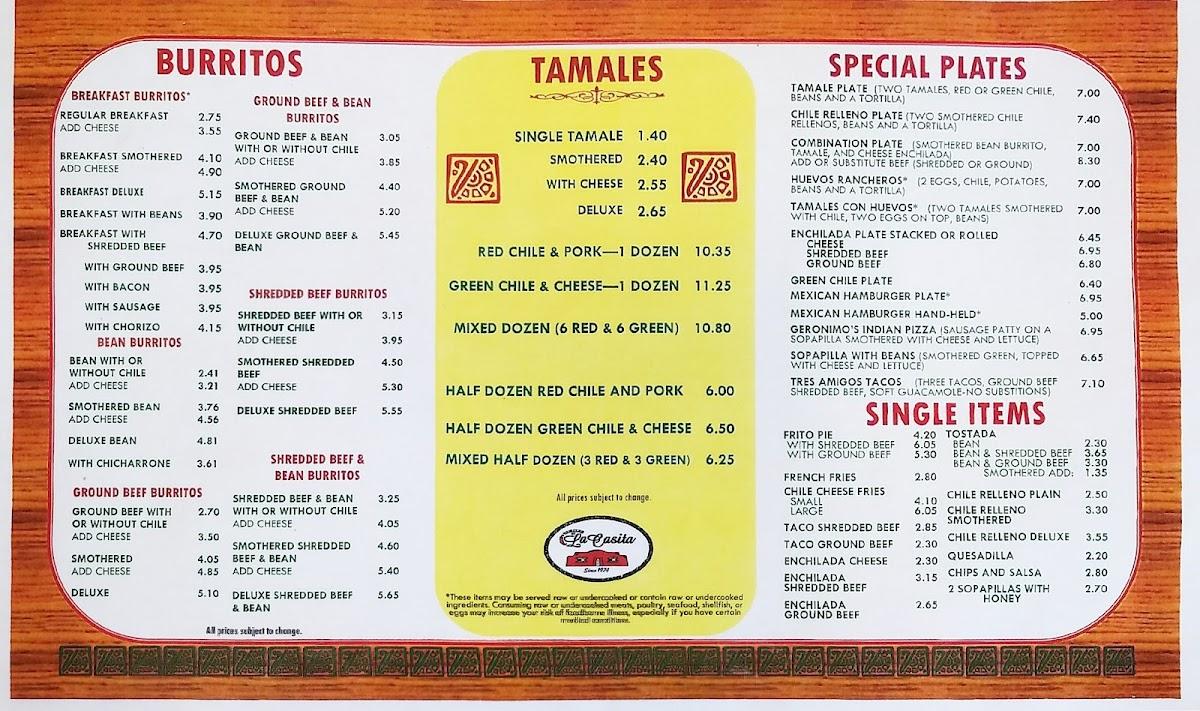 Menu at Tamales By La Casita restaurant, Denver, Tejon St