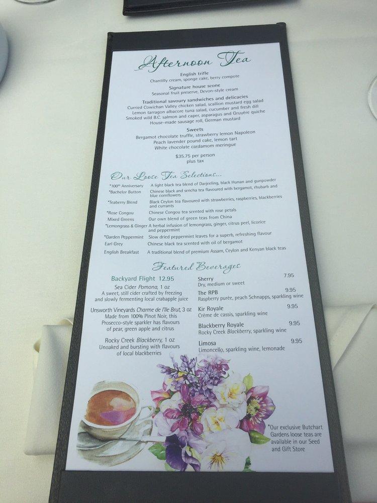 Menu at The Dining Room at Butchart Gardens restaurant, Brentwood Bay