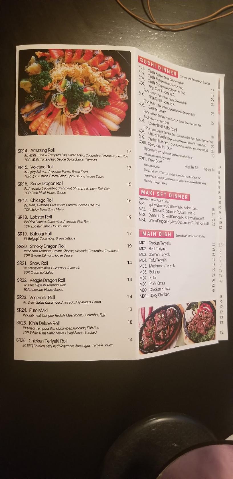 Menu at Kinja Sushi restaurant, Barrie