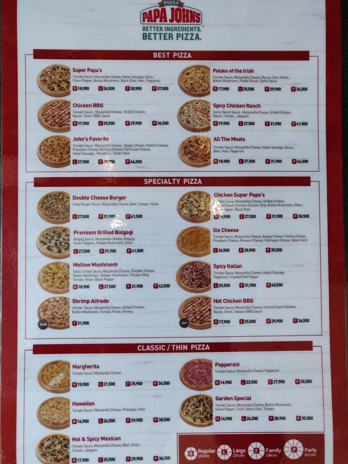 Menu at Papa John's restaurant, Seoul, 632-9 Deungchon-dong