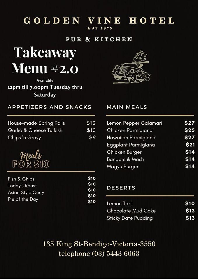 Menu At Golden Vine Hotel Pub And Bar Bendigo