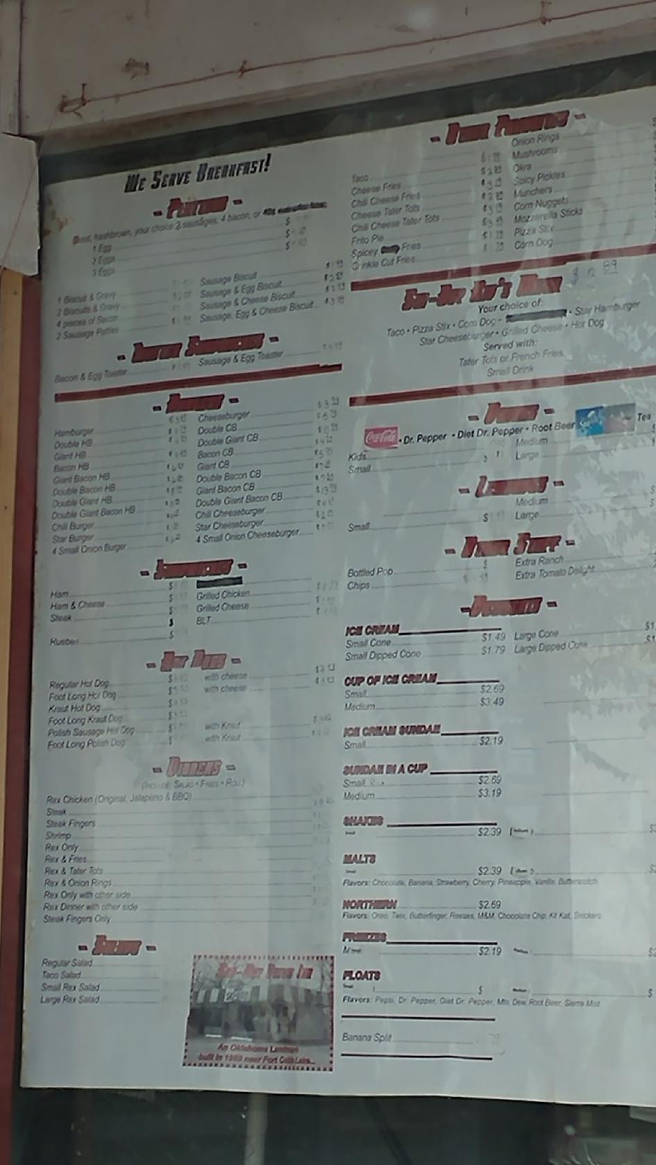 Menu at SkiBoy Drive Inn restaurant, Fort Cobb