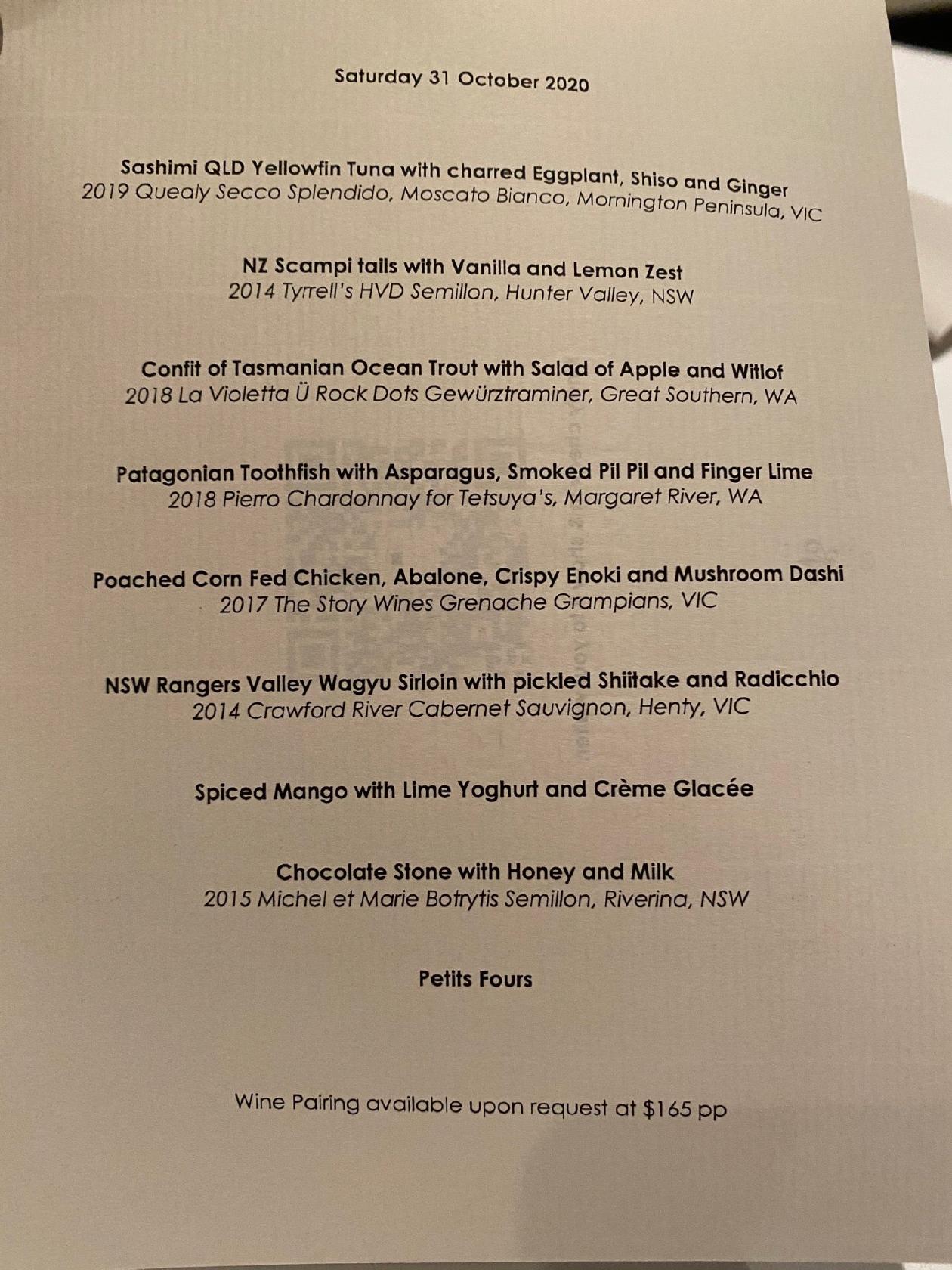 Menu at Tetsuya's Restaurant, Sydney