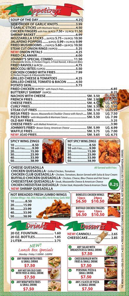 Menu at Johnny's Pizzeria, Monroe Township