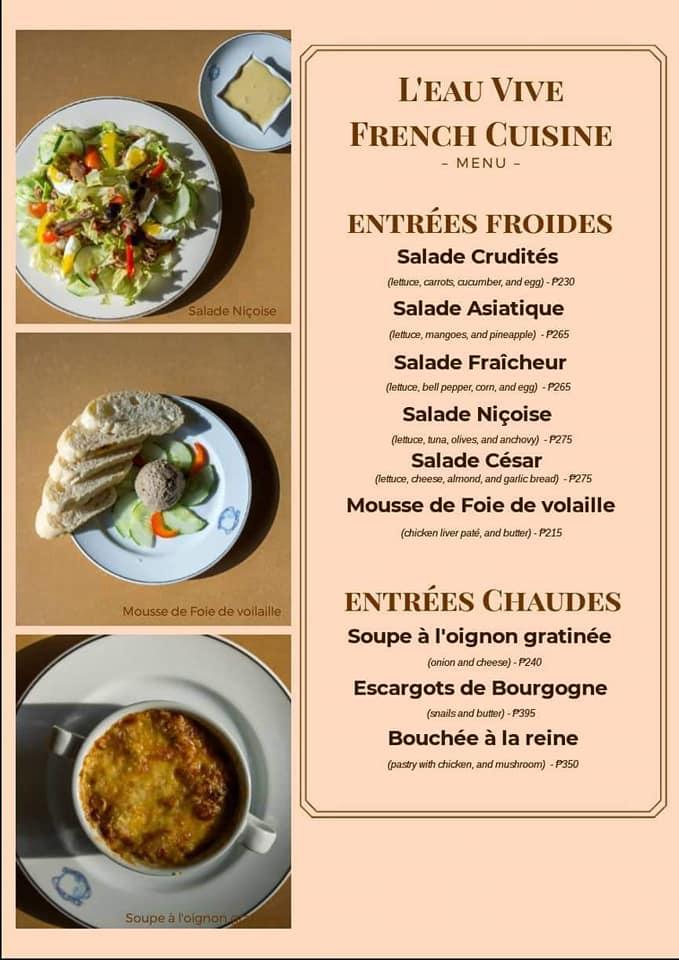 Menu at L'Eau Vive French Cuisine restaurant, Manila