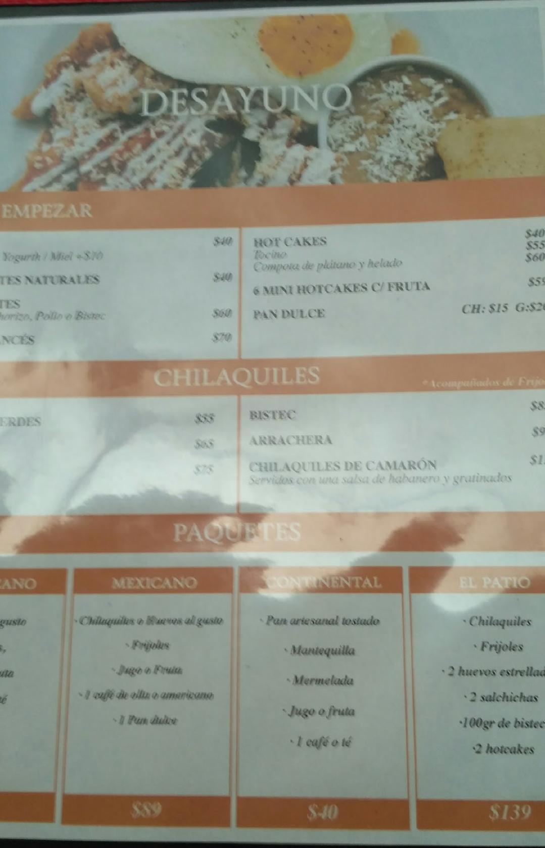 Carta de Restaurant El Patio, Zihuatanejo