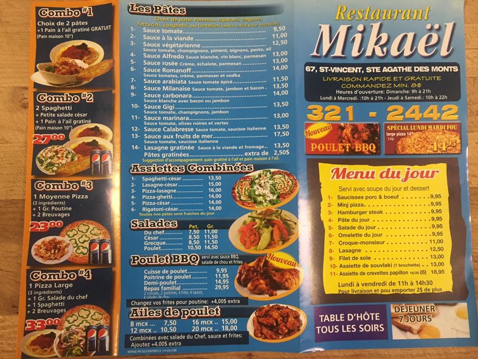 Menu au Restaurant Mikael, SainteAgathedesMonts