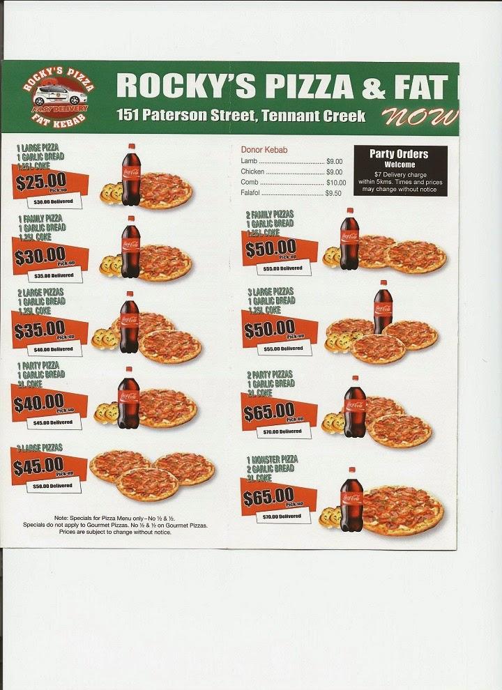 Menu at Rocky's Pizza fast food, Tennant Creek
