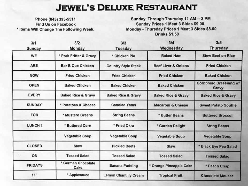 Menu At Jewel s Deluxe Restaurant Darlington