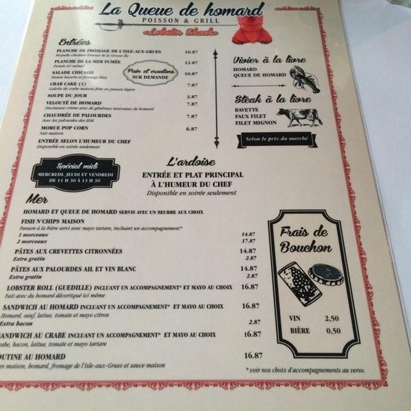 Menu at La Queue de Homard restaurant, Saint-Jean-Port-Joli, 379 Av. de ...