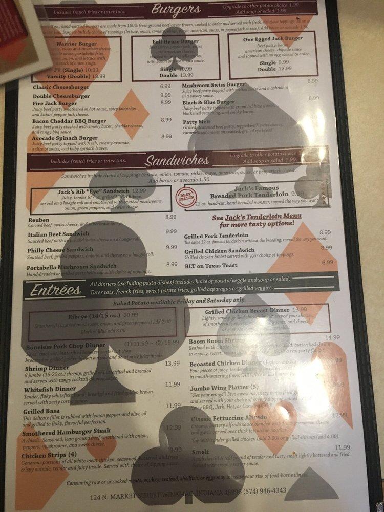 Menu at One Eyed Jack's pub & bar, Winamac