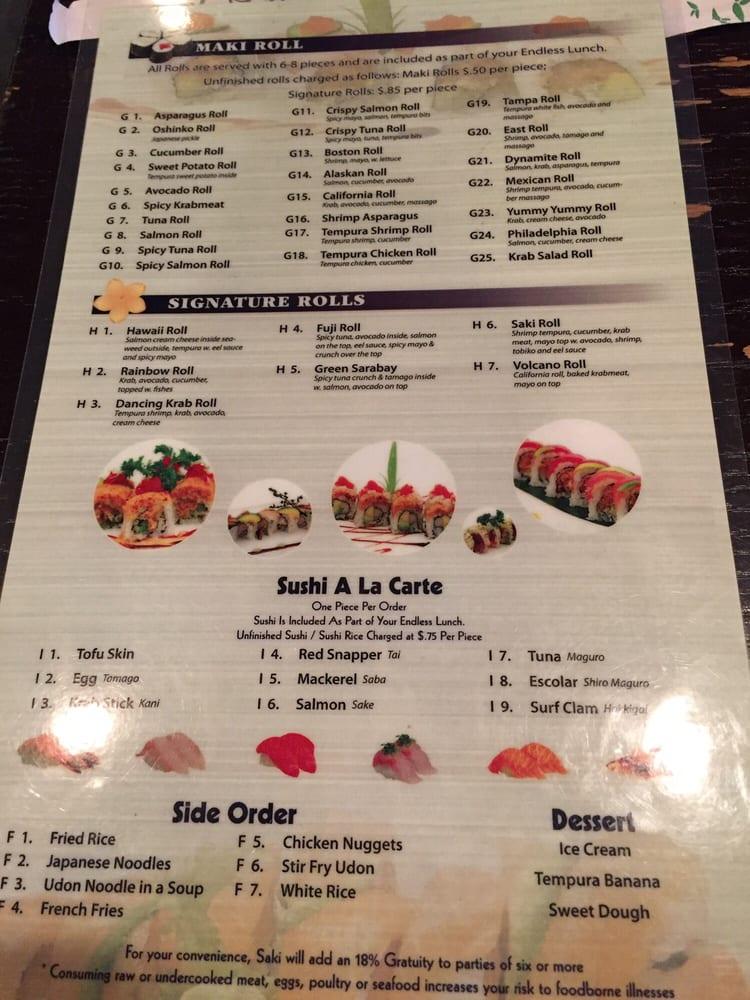 Carta de Saki Endless Sushi & Hibachi Restaurant, Clearwater, Gulf to Bay Blvd 1560