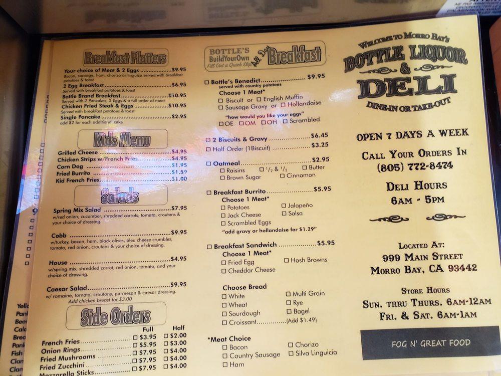 Menu at Bottle Liquor fast food, Morro Bay