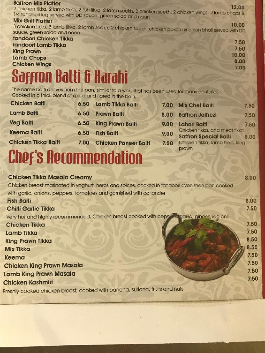 Menu at Saffron fast food, Sowerby Bridge, 21 Oldham Rd